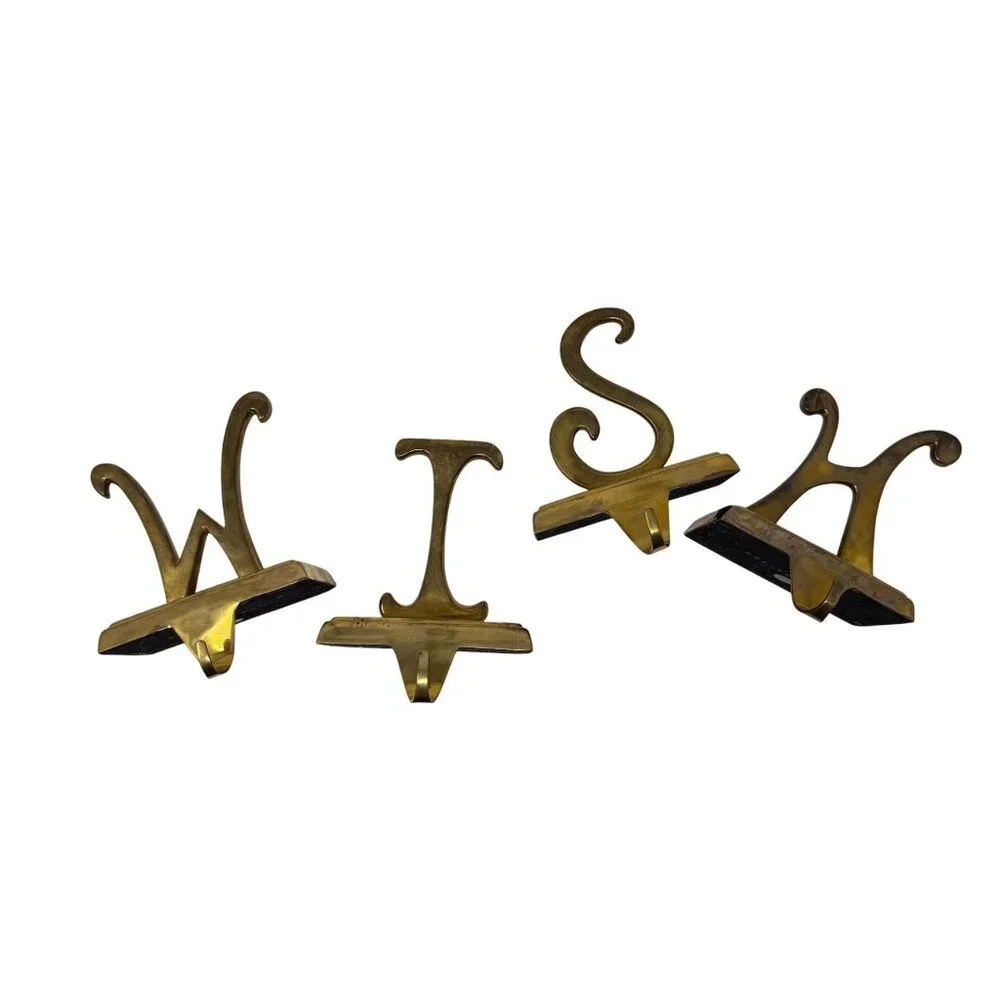 4 Vintage POTTERY BARN Christmas‎ Stocking Holders WISH Brass Gold